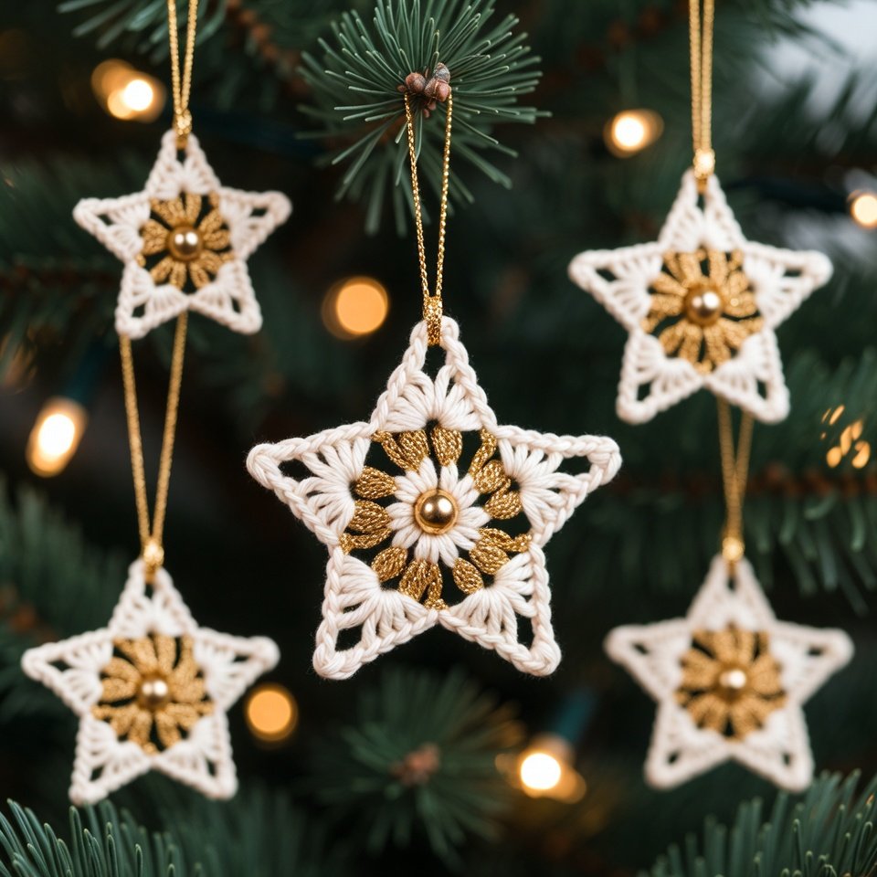 Crochet star ornaments hanging on a Christmas tree with warm lights.