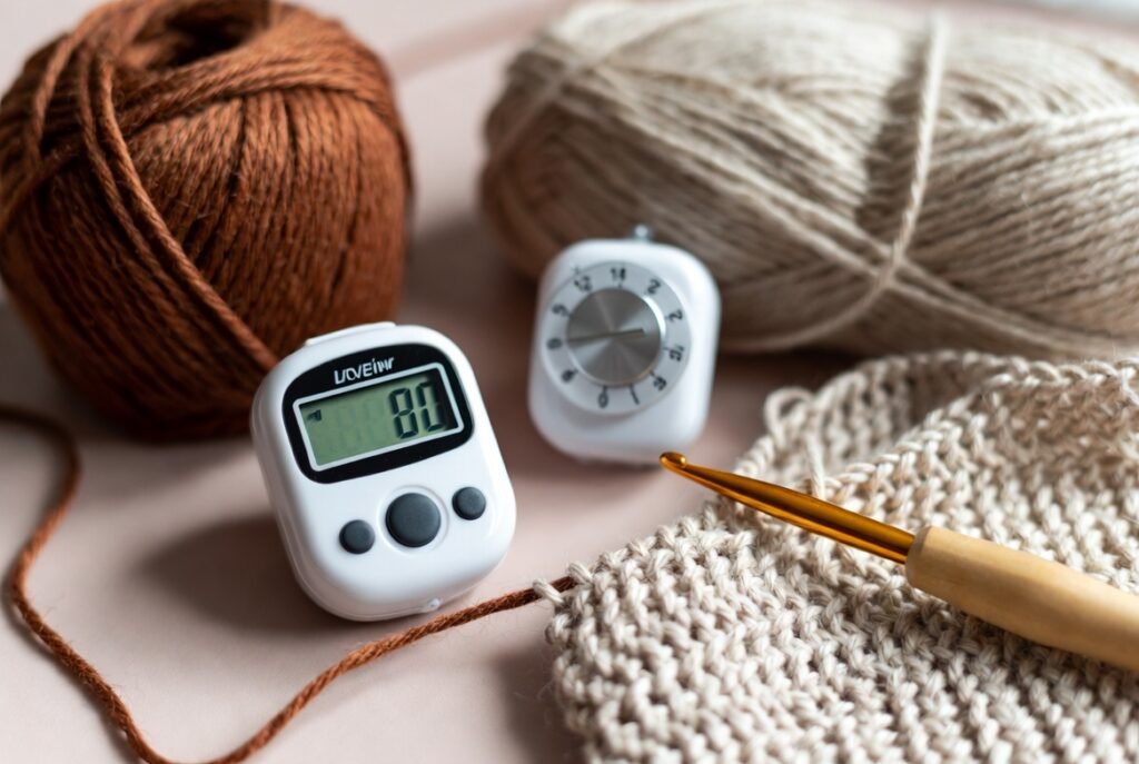 Digital and manual row counters next to a crochet project, used as essential crochet tools for tracking rows in complex and long crochet patterns.