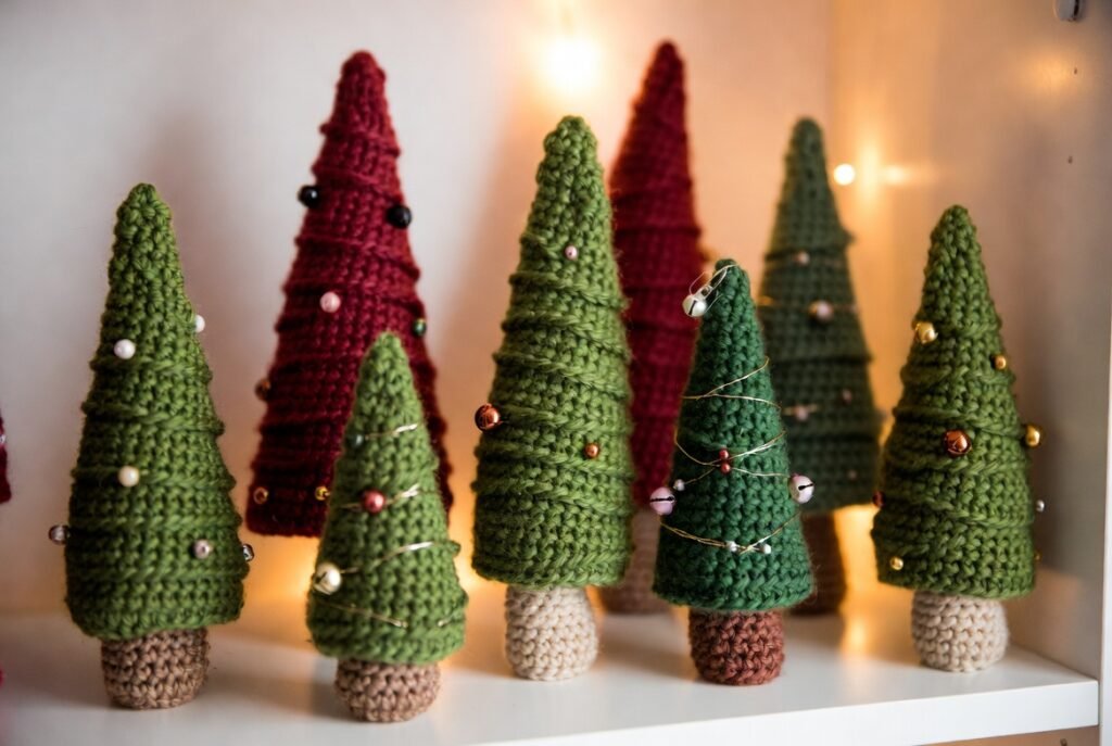 Mini crochet amigurumi Christmas trees in green yarn with festive details.