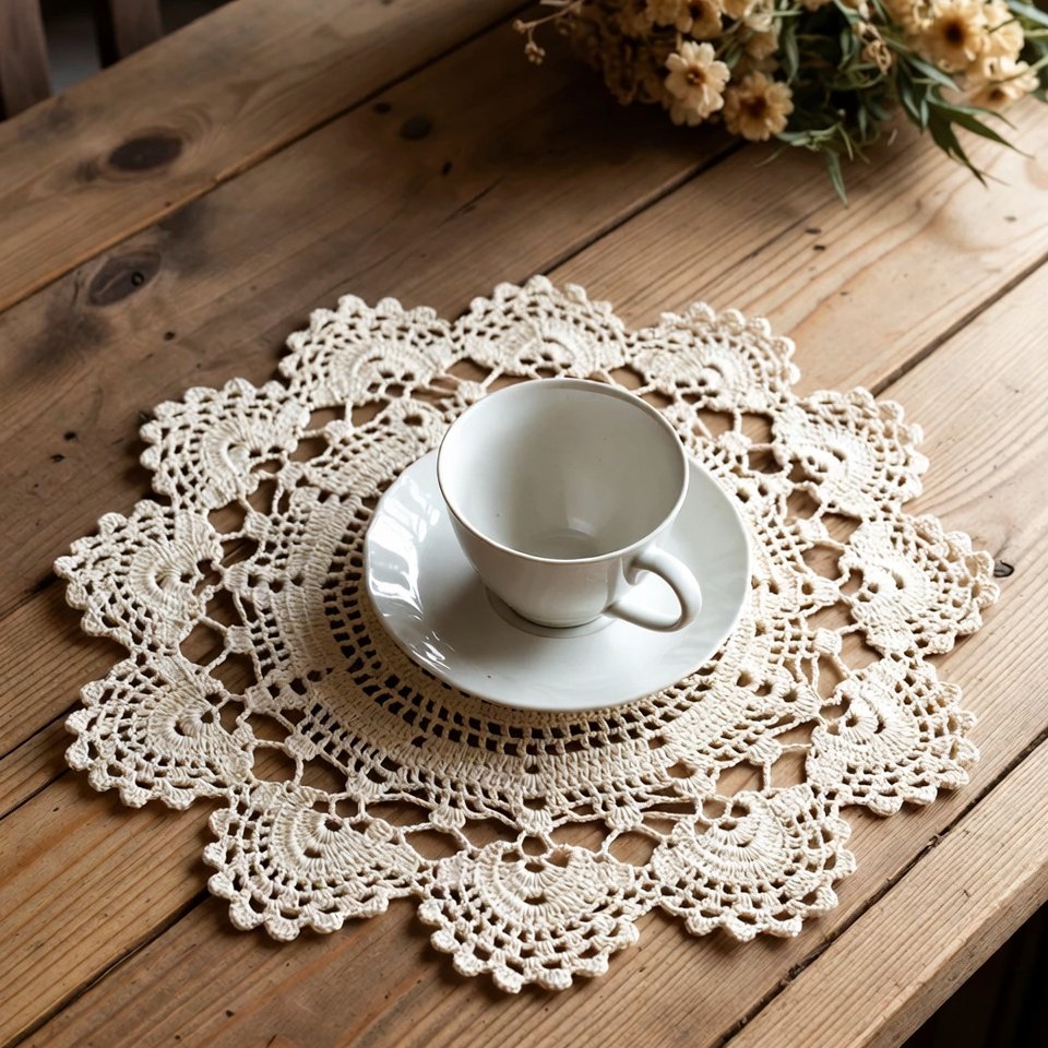 Small white crochet doily under a teacup on a rustic wooden table, delicate lace pattern visible.