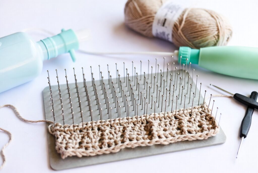 Blocking mat, pins, and steamer with a crochet project, used as essential crochet tools for shaping and finishing crochet items professionally.