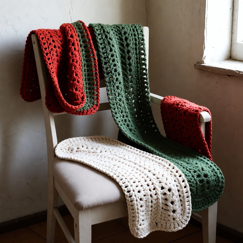 Crochet scarves in red and green holiday colors displayed indoors.