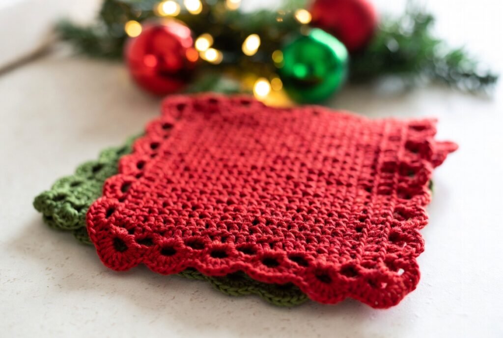 Crochet dishcloths with festive Christmas borders in red and green.
