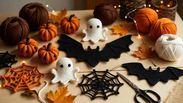 Free Halloween crochet patterns featuring pumpkin amigurumi, crochet ghosts, bat garland, spider web coasters, and a mini crochet witch hat arranged in a cozy fall setting