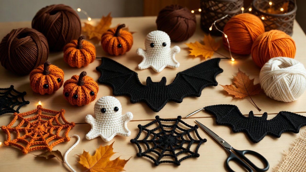 Free Halloween crochet patterns featuring pumpkin amigurumi, crochet ghosts, bat garland, spider web coasters, and a mini crochet witch hat arranged in a cozy fall setting