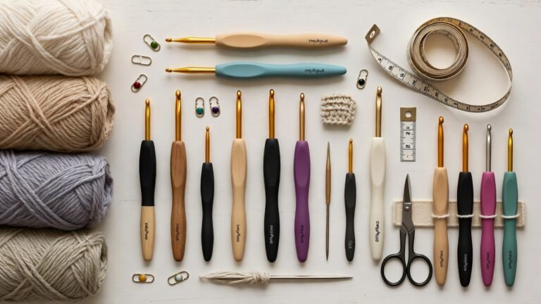 Essential crochet tools including crochet hooks, yarn, stitch markers, scissors, measuring tape, and a crochet tools organizer arranged neatly for beginner crochet projects.