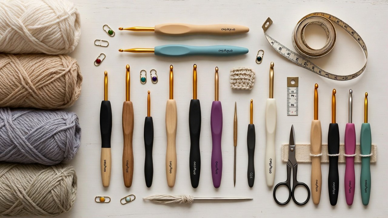 Essential crochet tools including crochet hooks, yarn, stitch markers, scissors, measuring tape, and a crochet tools organizer arranged neatly for beginner crochet projects.