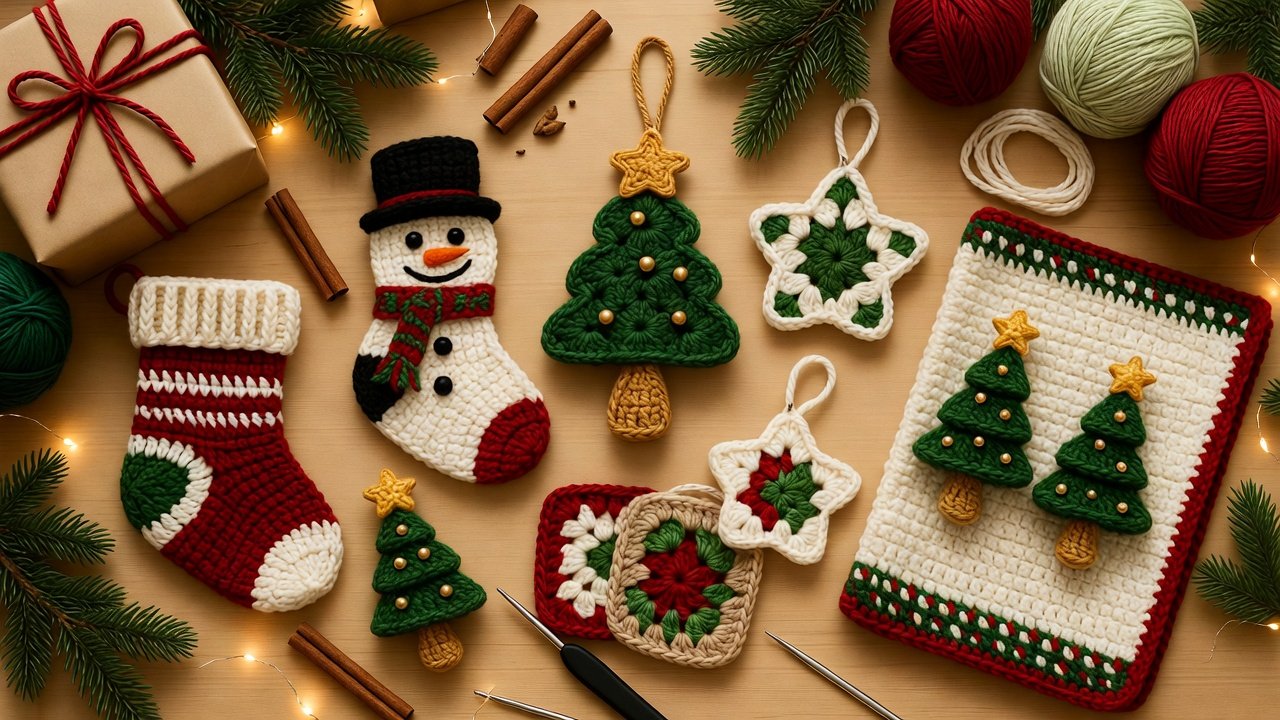 Easy crochet ideas for Christmas featuring handmade mini stockings, snowman appliqués, granny square trees, ornaments, coasters, and beginner-friendly holiday gifts.