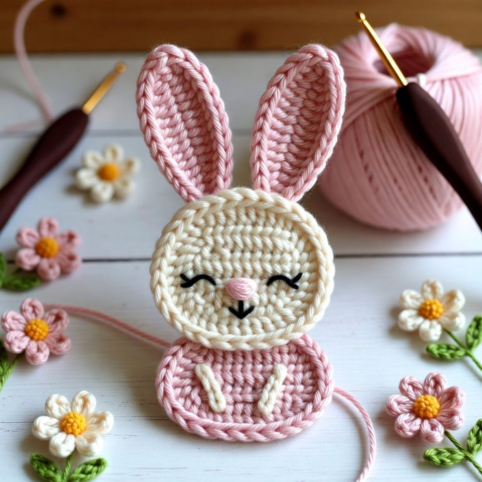 Crochet bunny appliqué with long ears, perfect for decorating blankets, bags, and Easter cards.