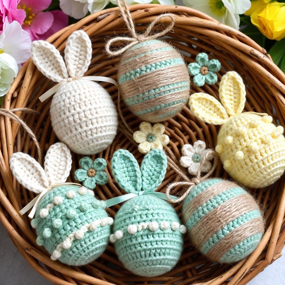 Crochet basket decorations made of pastel yarn, including bunny, egg, and flower motifs attached to an Easter basket.