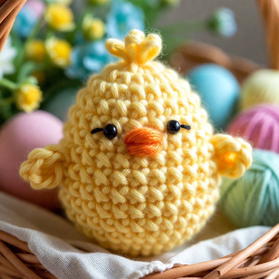 Egg-shaped crochet chick made from yellow yarn, perfect for Easter basket decoration or spring décor.