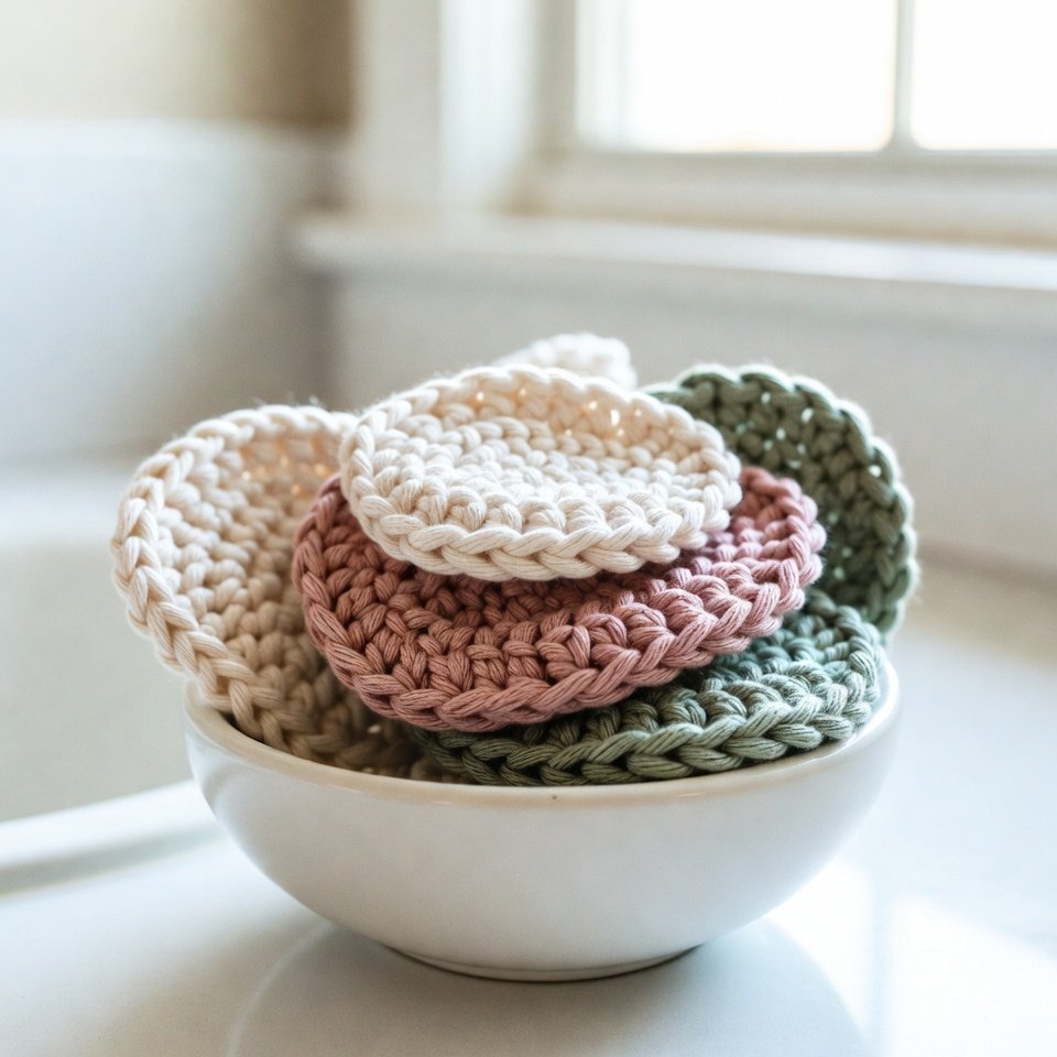 Handmade crochet face scrubbies made from cotton yarn, stacked in a small bowl with soft textured stitches.