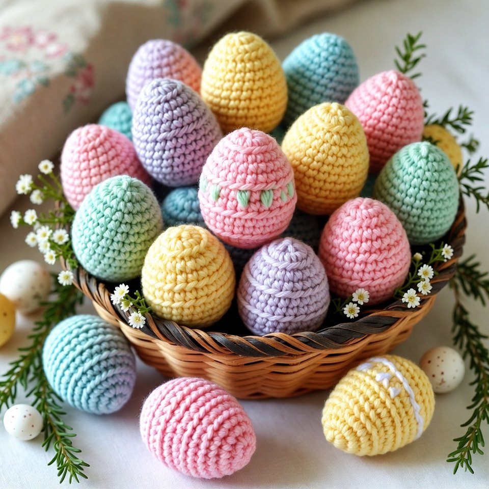 Colorful crochet eggs amigurumi in a woven basket, showcasing pastel handmade crochet patterns, perfect for beginners.