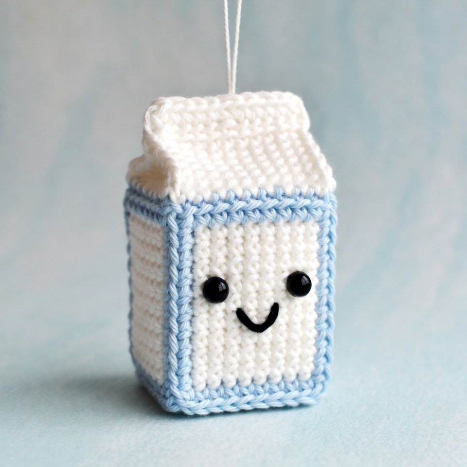 Cute crochet milk carton amigurumi with embroidered face.