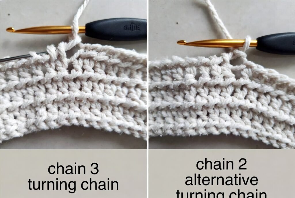 Turning chain for double crochet tutorial showing chain 2 and chain 3 options