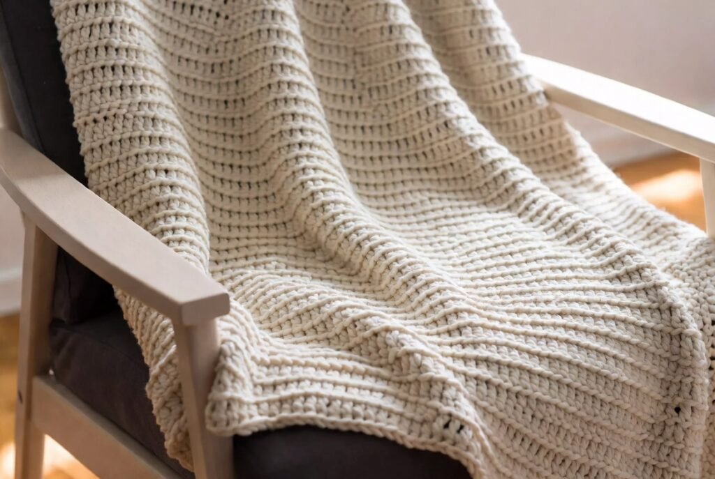 Simple double crochet blanket pattern made with soft yarn, beginner-friendly crochet throw with clean rows and modern neutral colors.
