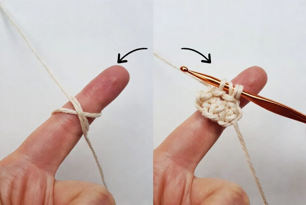 How to start a magic circle in crochet by wrapping yarn around fingers and inserting hook correctly
