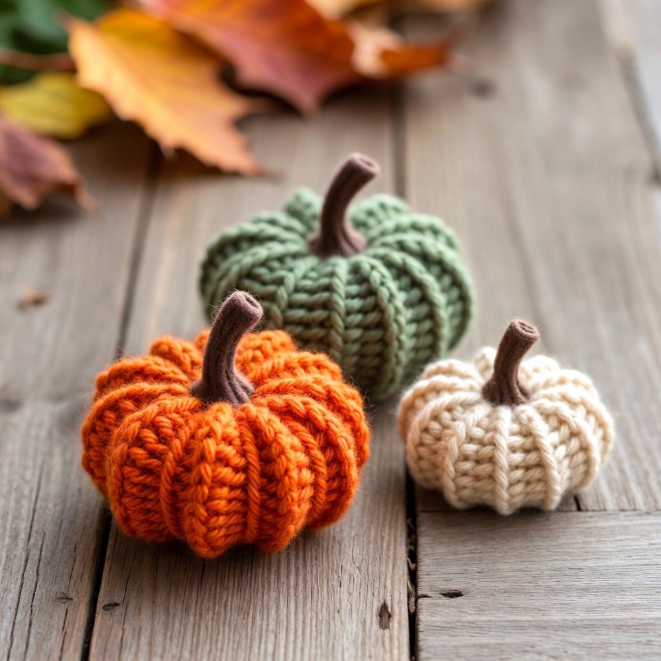 Three crochet pumpkins in autumn colors, small beginner-friendly decoration project.