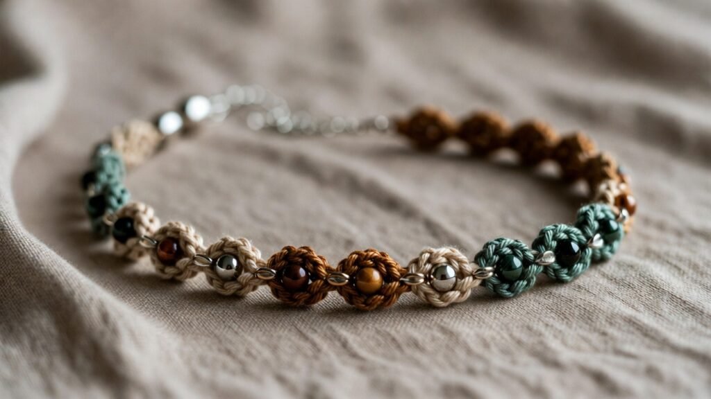 Handmade beaded crochet necklace, beginner-friendly project, modern jewelry made with simple crochet stitches.