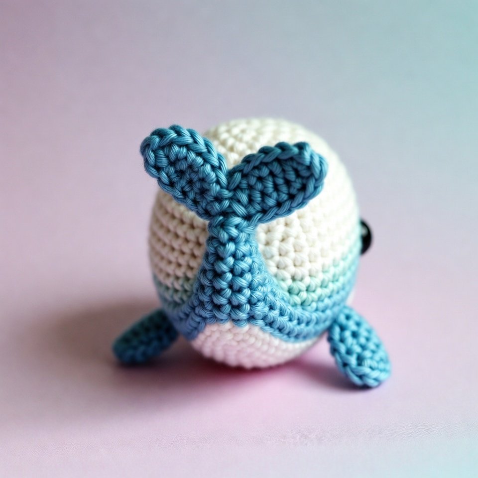 Small crochet whale amigurumi, soft pastel yarn, beginner-friendly no-sew crochet project.