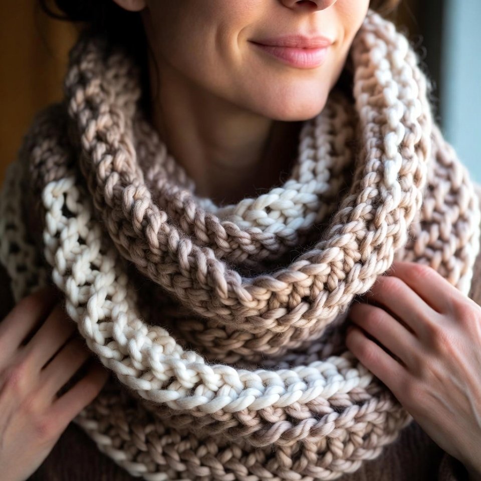 Chunky crochet cowl in neutral tones, handmade, beginner-friendly project finished in one hour.