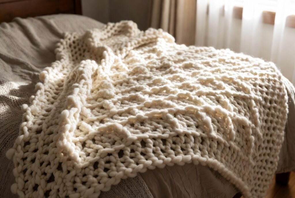 Chunky yarn crochet blanket made with super bulky yarn and large hook, thick cozy handmade throw for winter home décor.