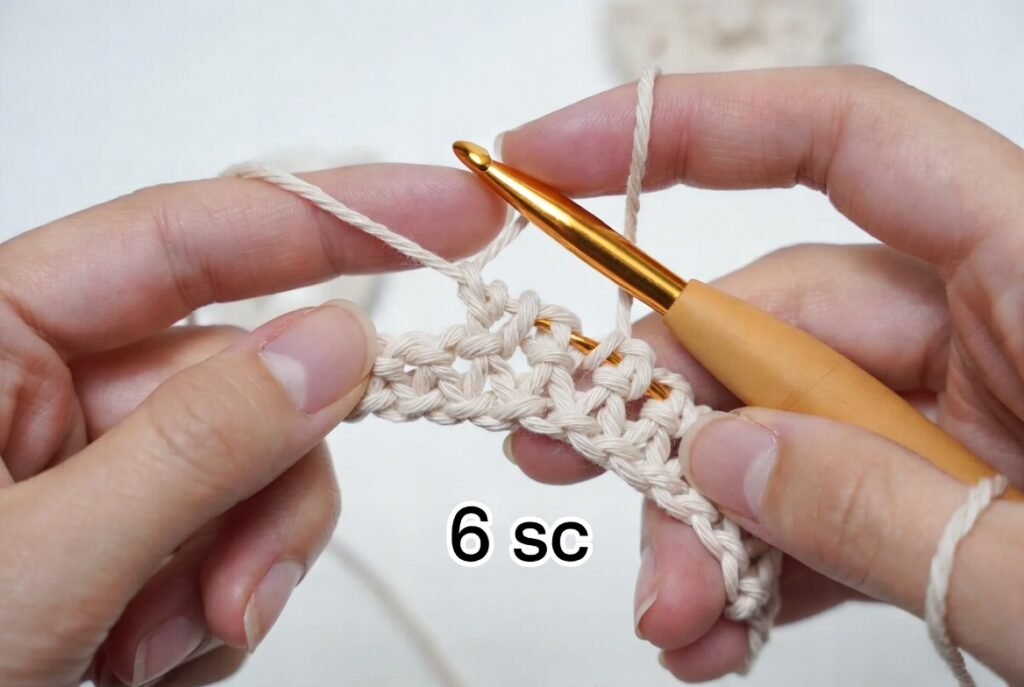 Crocheting six single crochet stitches into a magic circle for round one