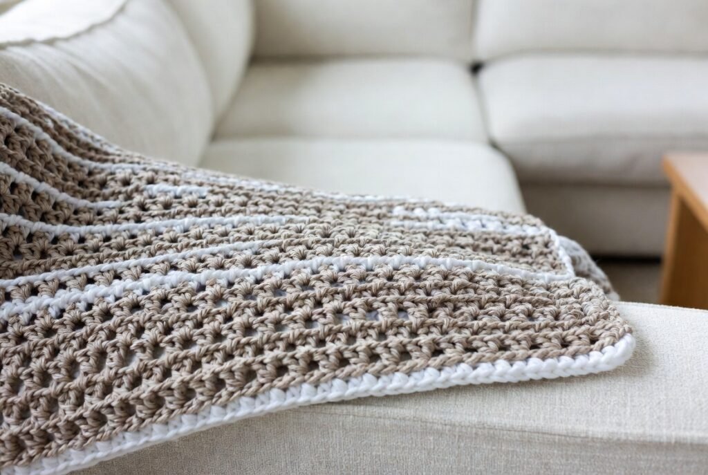Modern moss stitch crochet blanket with textured woven look, beginner-friendly single crochet and chain stitch pattern.