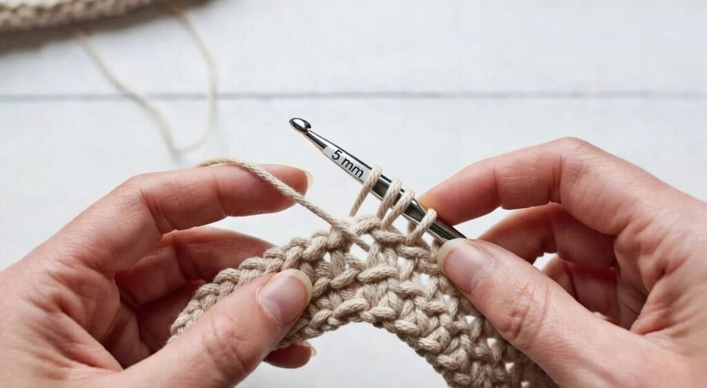 pull up loop step showing three loops on hook in double crochet stitch tutorial