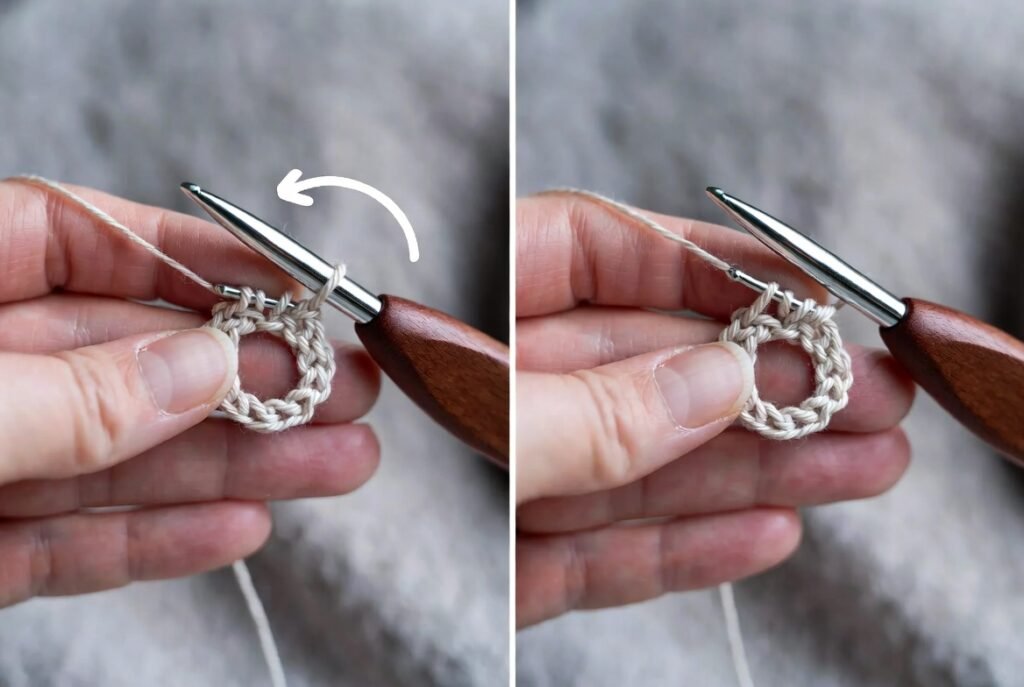 Closing a magic circle in crochet by pulling yarn tail tightly and joining round