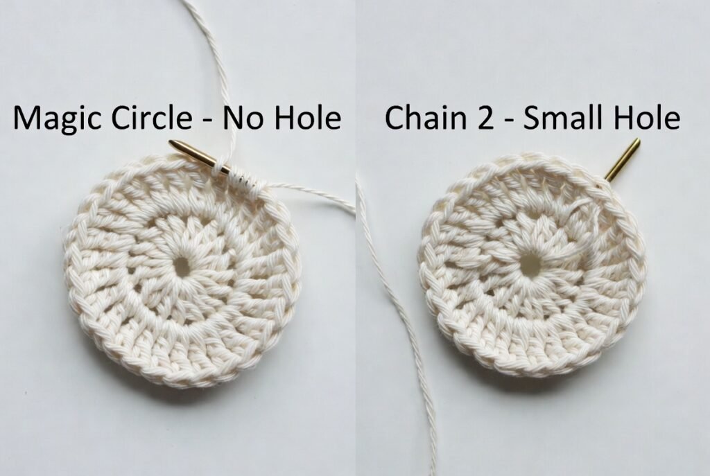 Magic circle vs chain 2 crochet method comparison showing center hole difference