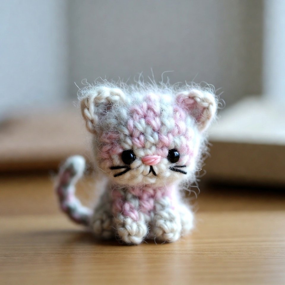 Mini crochet amigurumi kitty, handmade small project for beginners, pastel yarn, cute and easy to make.