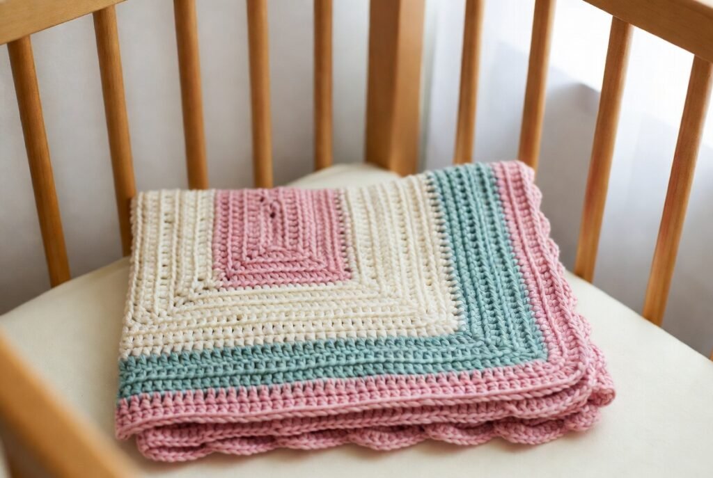 Soft baby crochet blanket pattern made with gentle yarn and simple half double crochet stitches, beginner-friendly newborn gift.