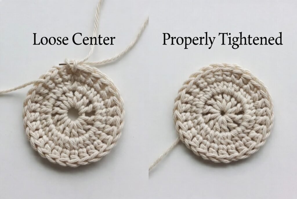Loose vs tight magic circle center in crochet round one