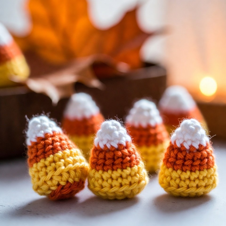 Crochet candy corn decoration with white, orange, and yellow yarn.