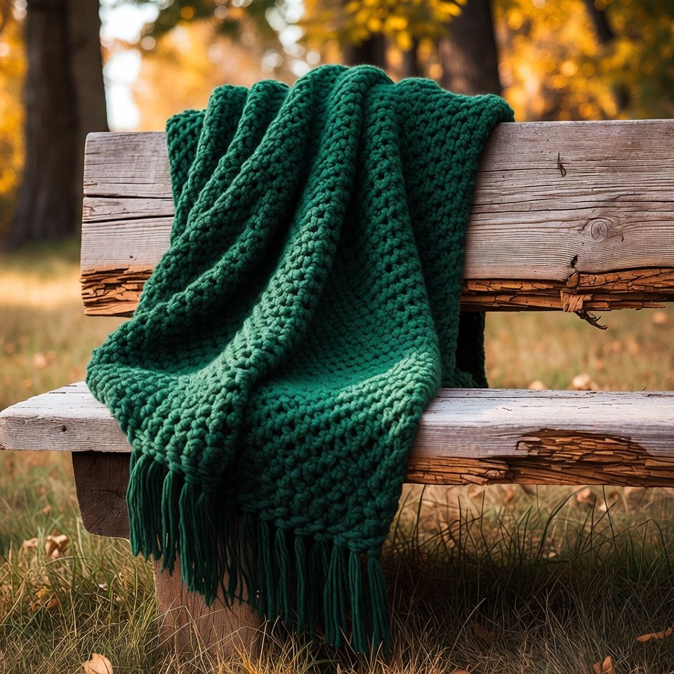 Alpine stitch crochet blanket with raised textured stitches and modern chunky design for cozy home décor.