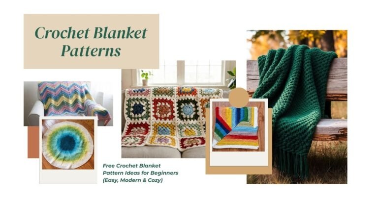 Free crochet blanket patterns for beginners featuring granny square, chunky yarn, ripple, waffle stitch, and modern moss stitch blanket designs.