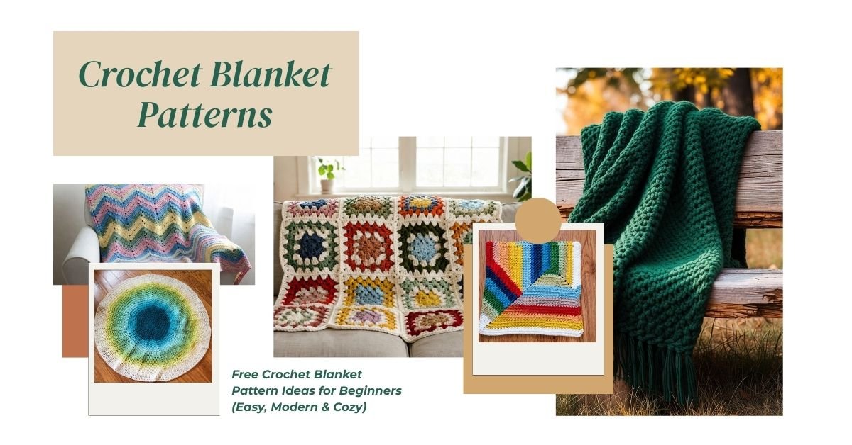 Free crochet blanket patterns for beginners featuring granny square, chunky yarn, ripple, waffle stitch, and modern moss stitch blanket designs.