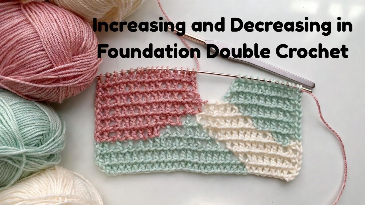 double crochet increase and decrease in foundation double crochet tutorial with crochet hook, yarn, and stitch sample