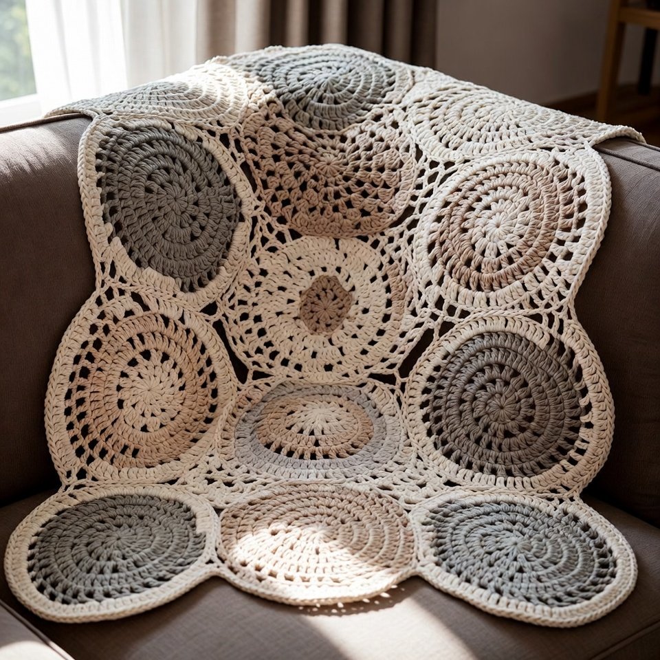 Crochet lacy doily afghan made from joined circular doily motifs, featuring intricate lace patterns and a soft cotton texture.
