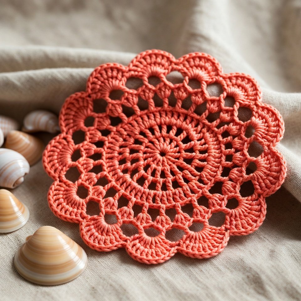 Coral lace crochet doily – modern free crochet doily patterns for home decor.
