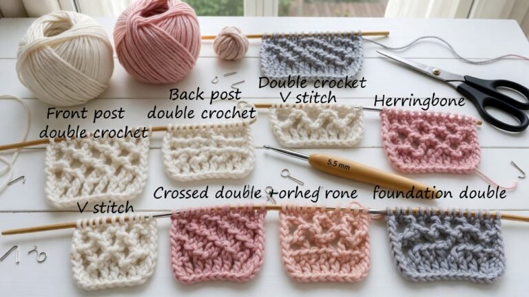 double crochet variations swatches showing front post double crochet back post double crochet V stitch crossed double crochet and herringbone double crochet for beginners