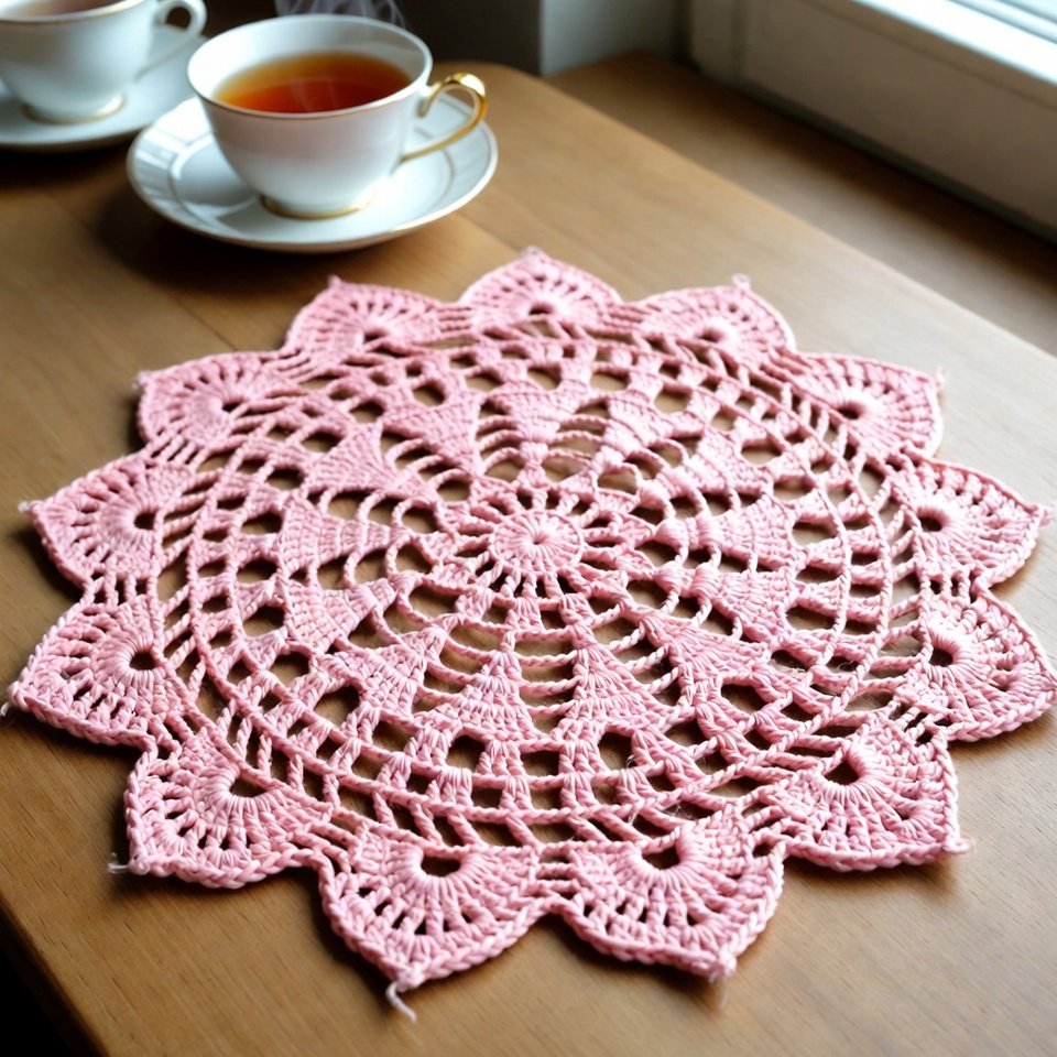 Vintage pink crochet doily placemat made with cotton thread – free crochet doily patterns for table decor.