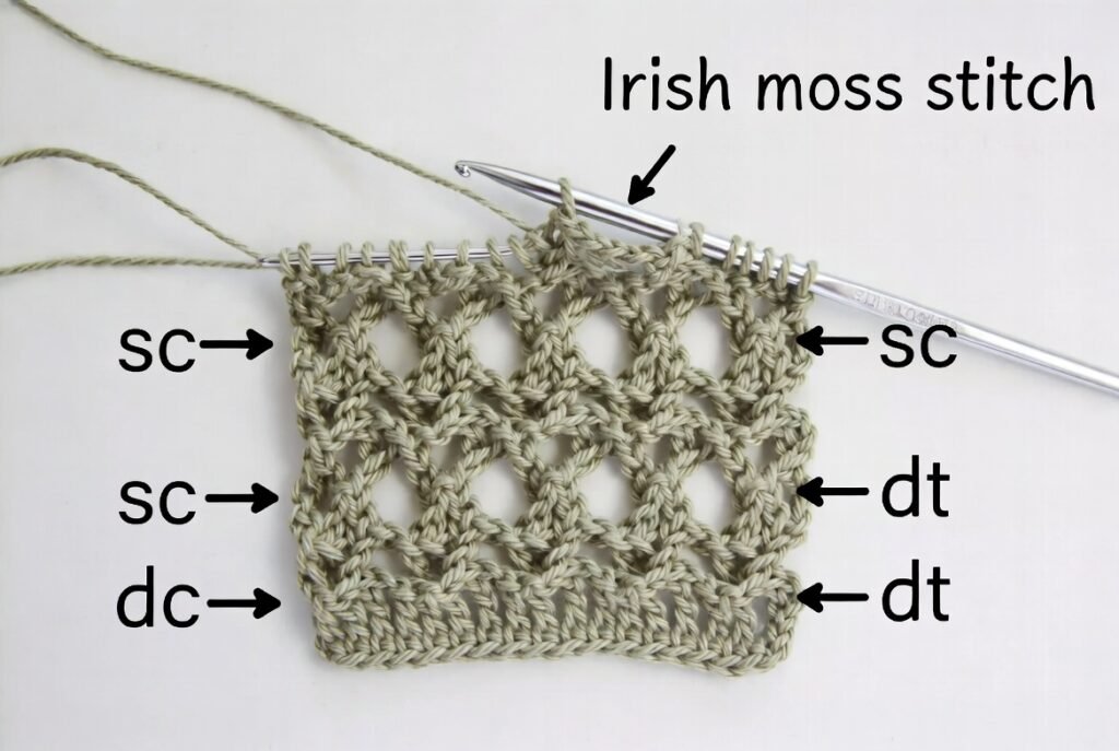 irish moss stitch crochet diagram showing alternating single crochet and double crochet stitches