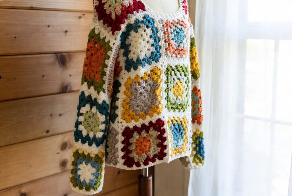 Colorful granny square crochet sweater handmade in multicolor squares.