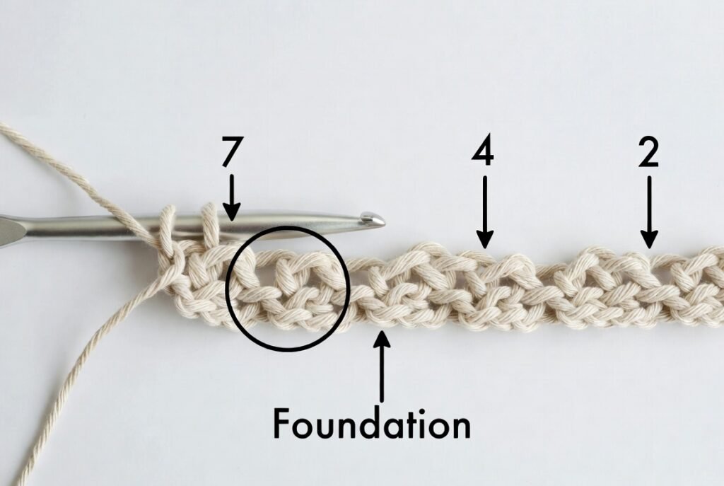 foundation chain diagram for crochet moss stitch showing the 4th chain from hook