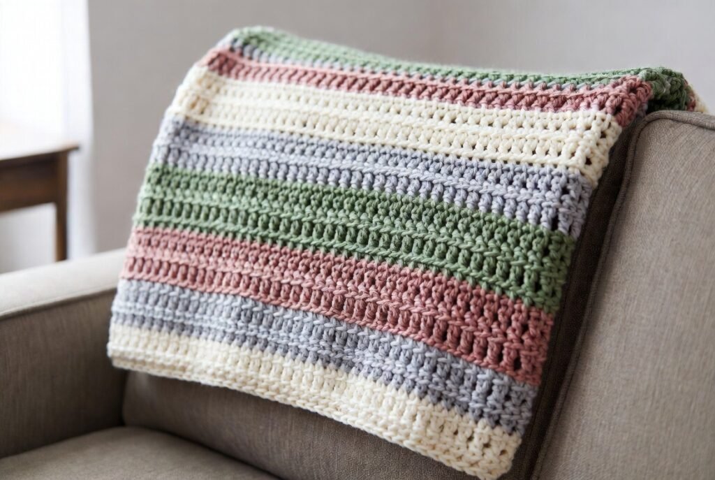 striped moss stitch crochet blanket with pastel yarn stripes showing textured moss stitch pattern