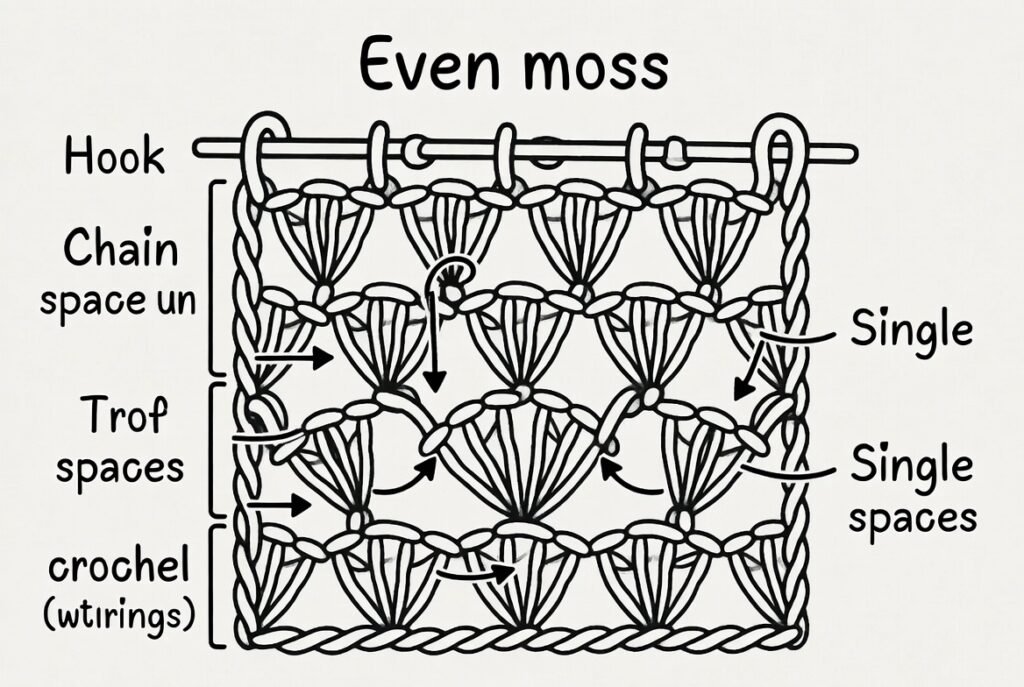 even moss stitch crochet pattern diagram with evenly spaced stitches
