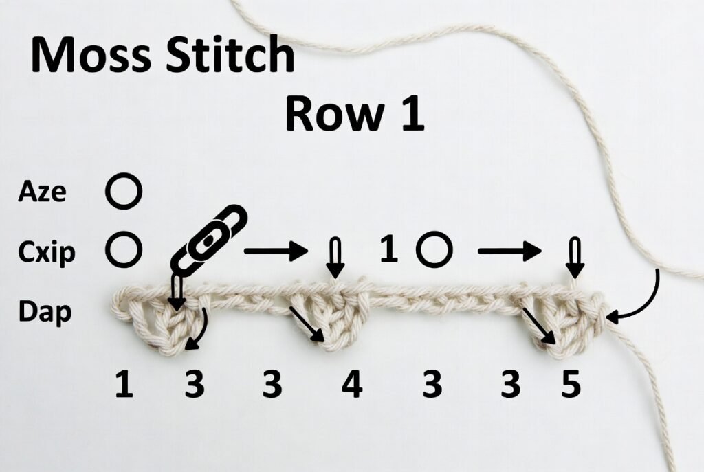 crochet moss stitch row 1 diagram showing single crochet chain 1 skip stitch repeat
