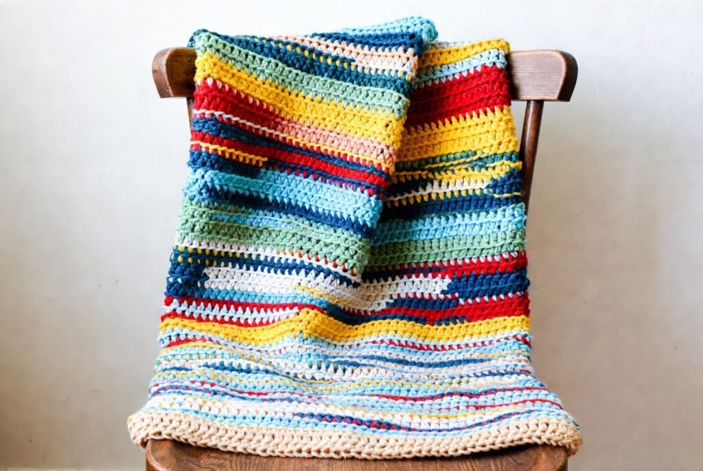 colorful scrappy moss stitch crochet blanket made from leftover yarn pieces